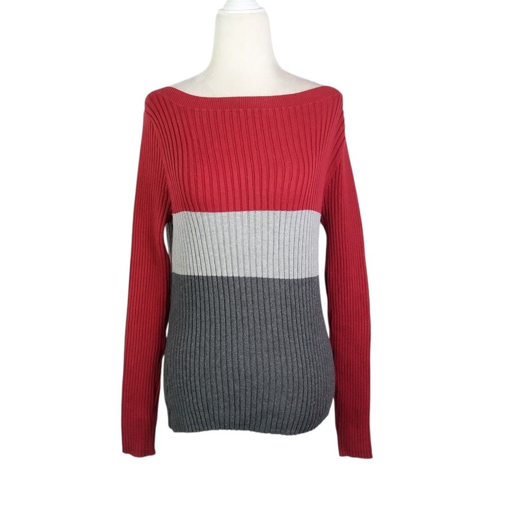 Vintage 90s Hillard & Hanson Red and Grey Stripe Boatneck Sweater M